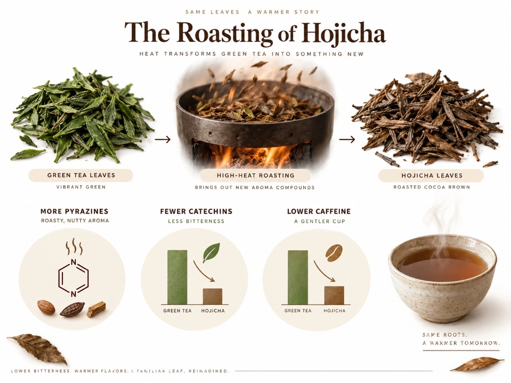 Educational infographic illustrating the roasting transformation of green tea into hojicha with pyrazine aroma formation and caffeine reduction