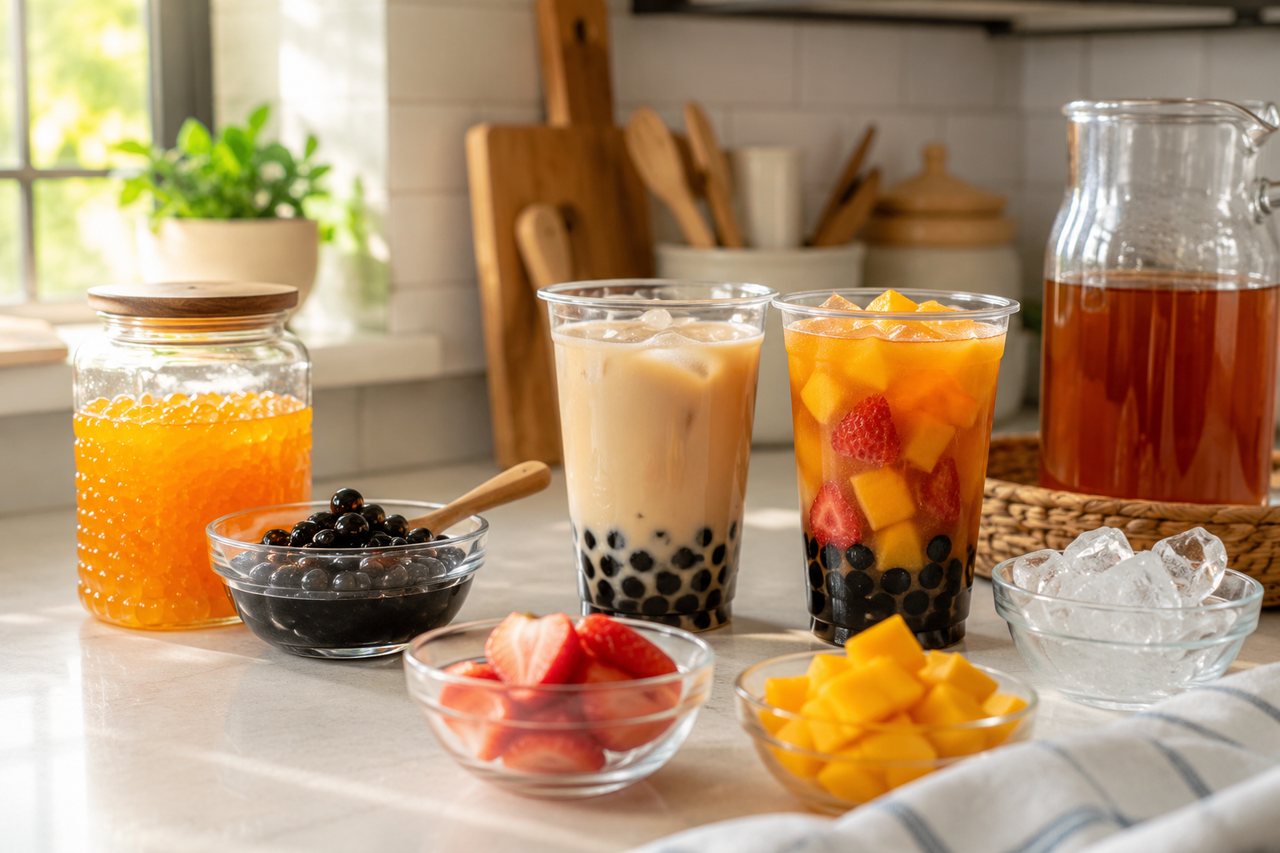 Home bubble tea setup with popping boba and tapioca pearls.