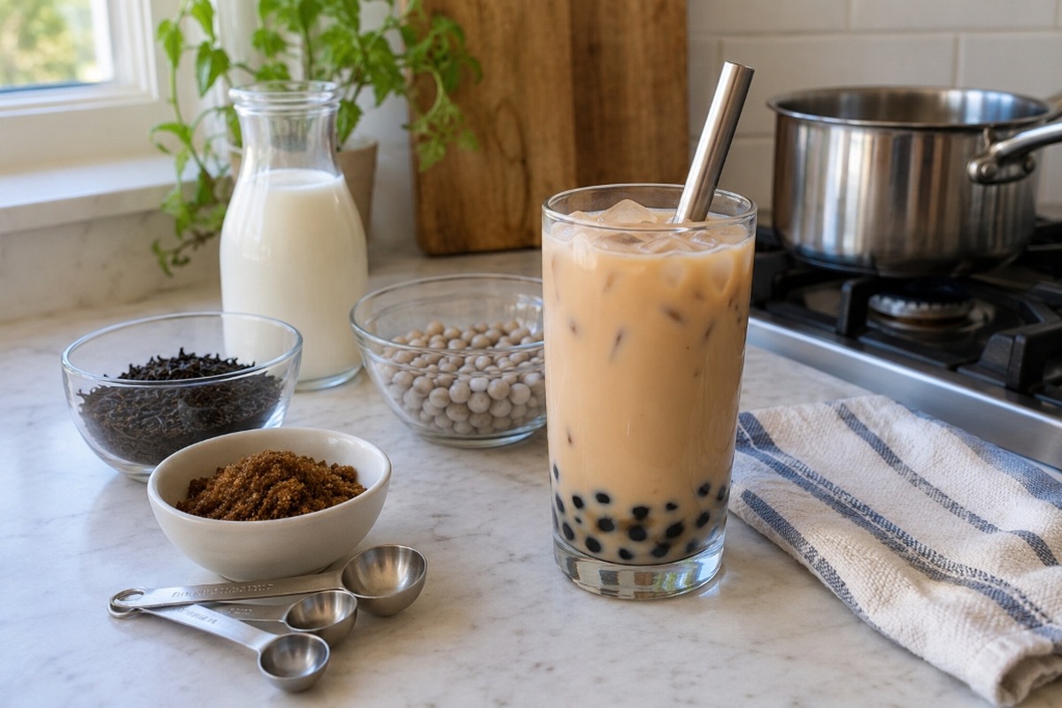 Homemade bubble tea ingredients beside a finished drink