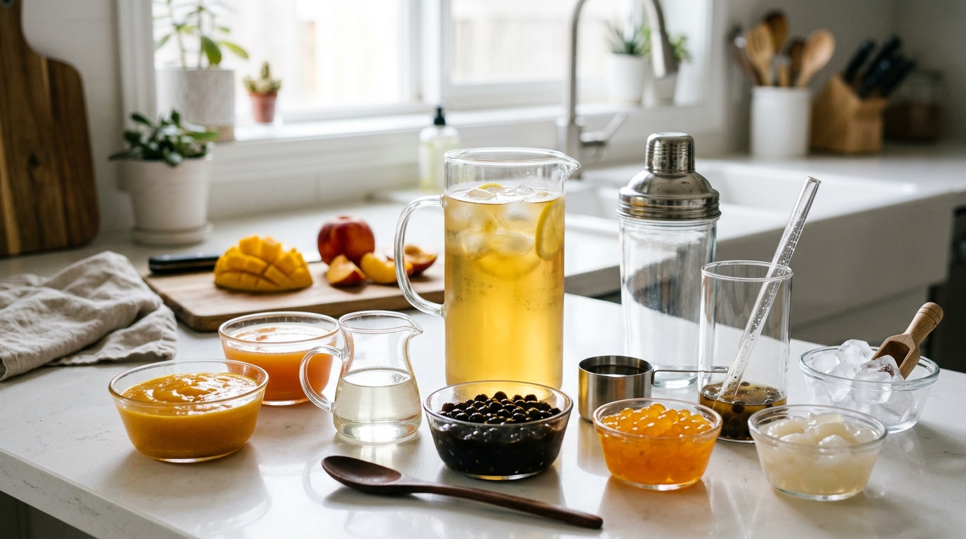 Homemade fruit bubble tea ingredients with chilled tea, fruit puree, ice, and boba