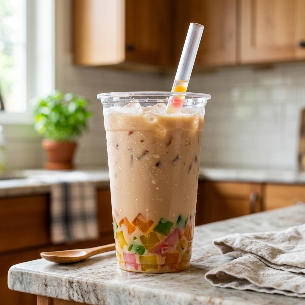 Homemade jelly boba cubes in a clear iced bubble tea cup