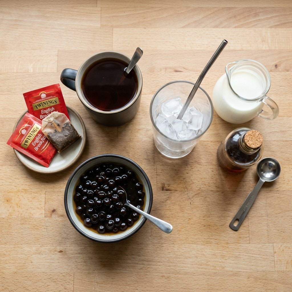 Homemade milk tea ingredients with brewed tea, milk, syrup, ice, and tapioca pearls