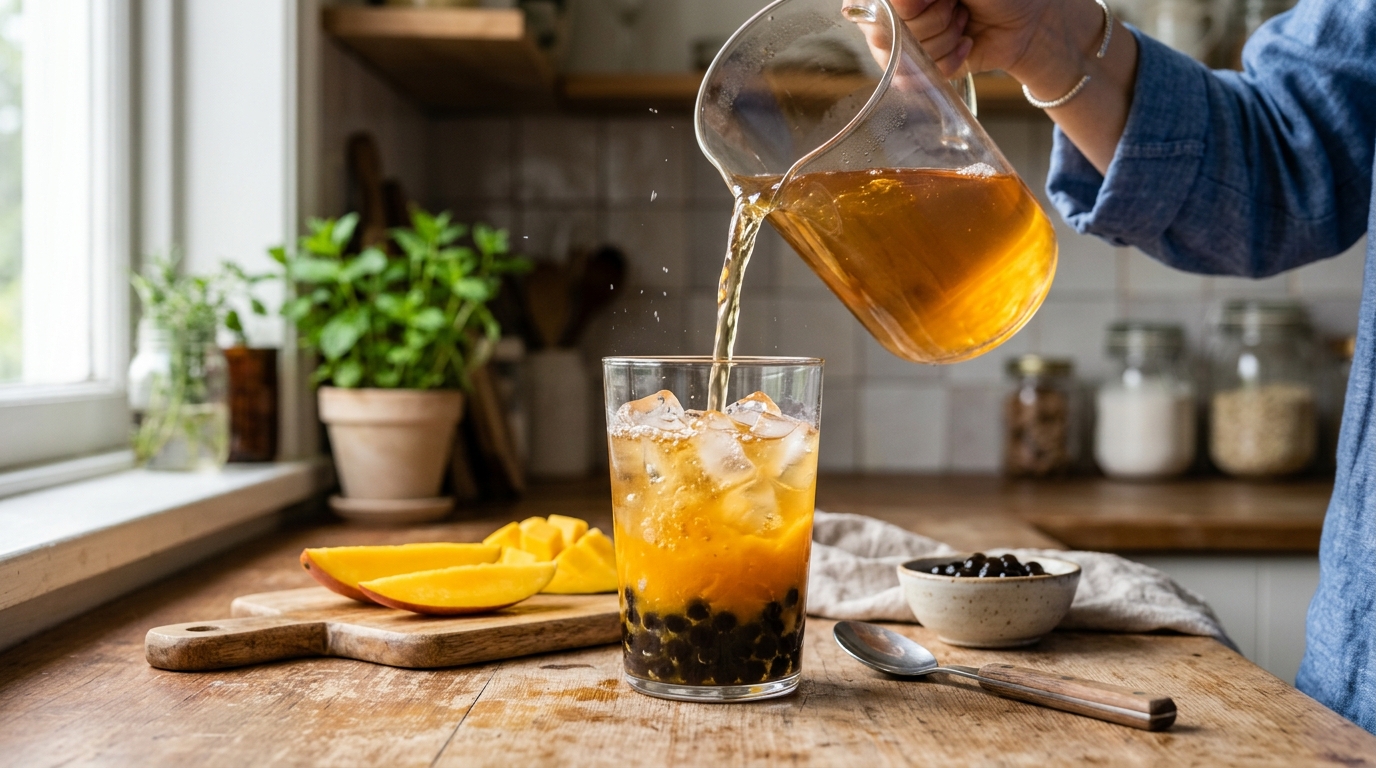 Lineup of five organic bubble tea cups in clear unbranded cups showing different tea bases and toppings.