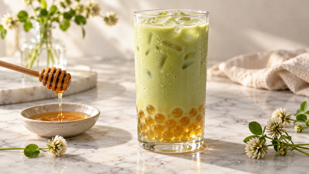 Golden honey boba pearls in iced jasmine green tea beside a honey dipper