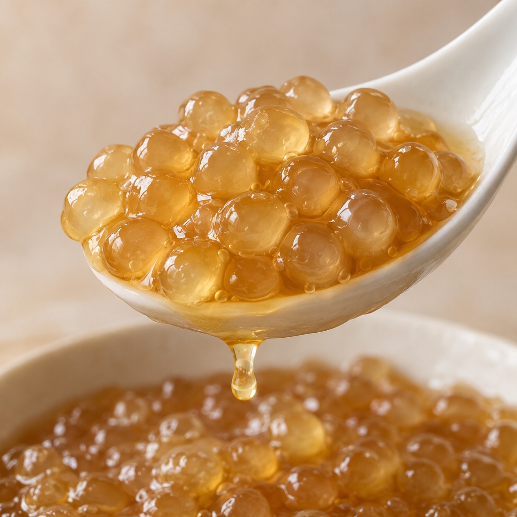 Square view of iced milk tea topped with translucent honey boba pearls