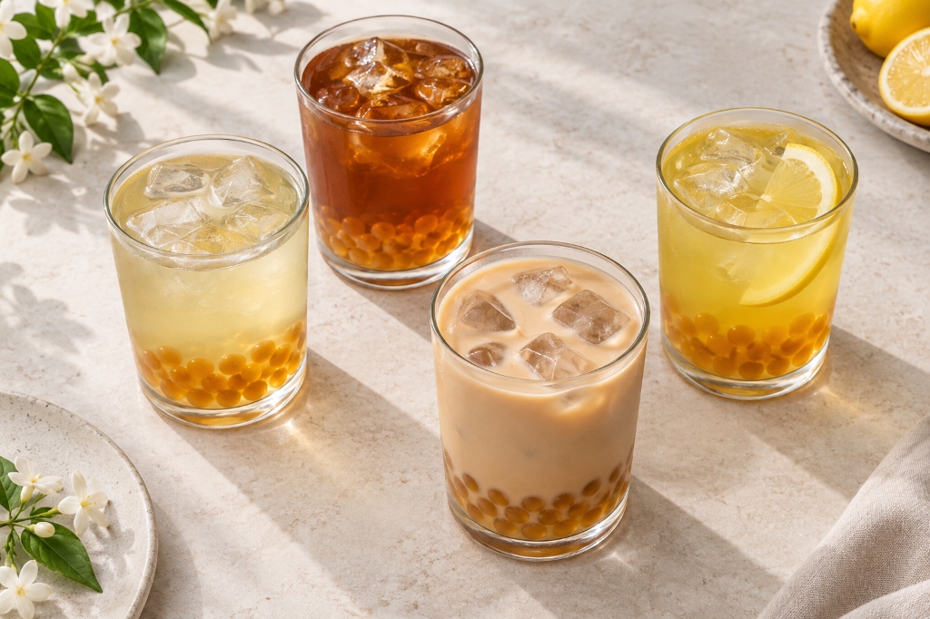 Honey boba served with jasmine tea, oolong, black milk tea and citrus tea