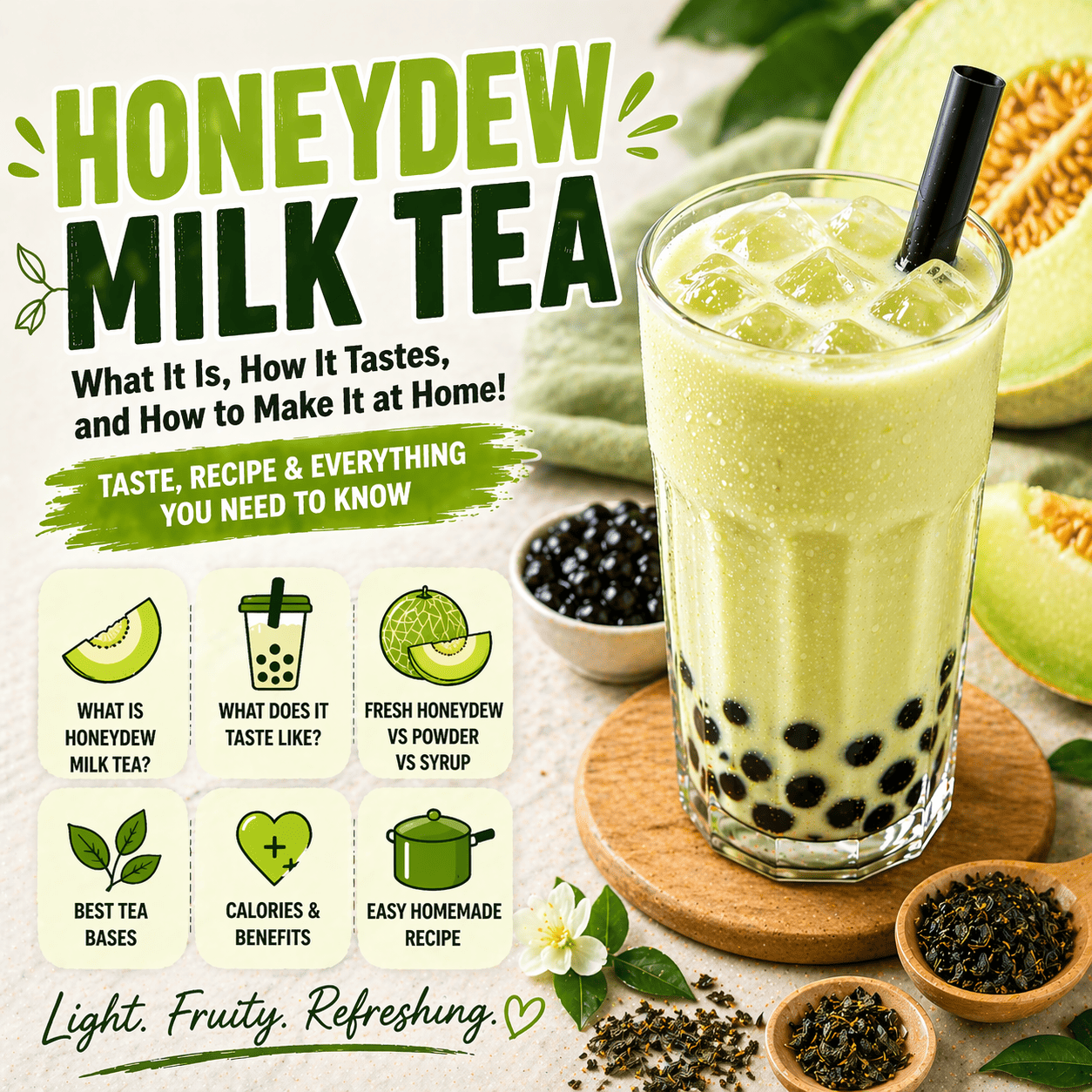 Square blog featured image showing iced honeydew milk tea with boba pearls, fresh honeydew melon, tea leaves, and guide text about honeydew milk tea taste, recipe, and ingredients.