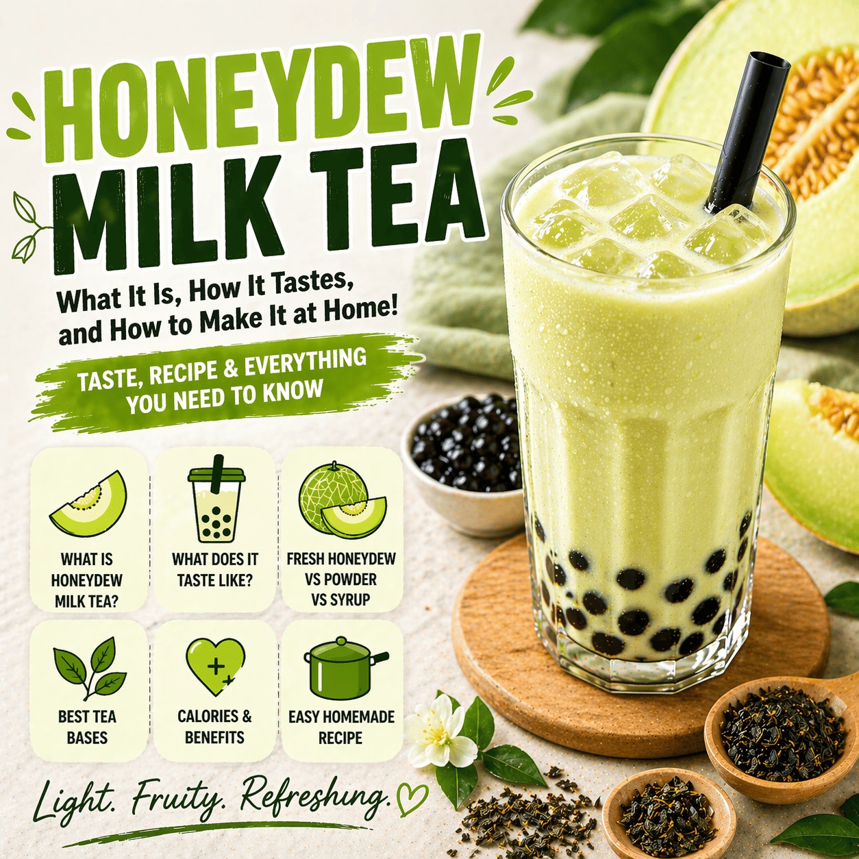 Featured image of creamy honeydew milk tea with black tapioca pearls, fresh honeydew melon, and text explaining what honeydew milk tea is and how to make it at home.