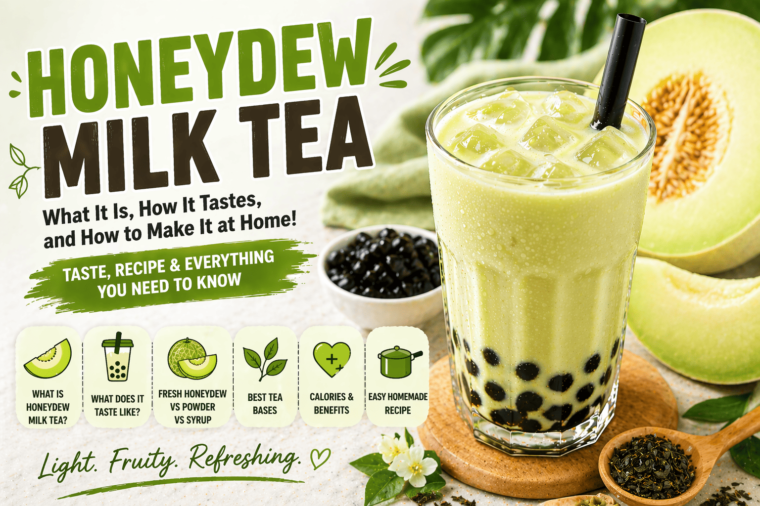 Featured image of creamy honeydew milk tea with black tapioca pearls, fresh honeydew melon, and text explaining what honeydew milk tea is and how to make it at home.