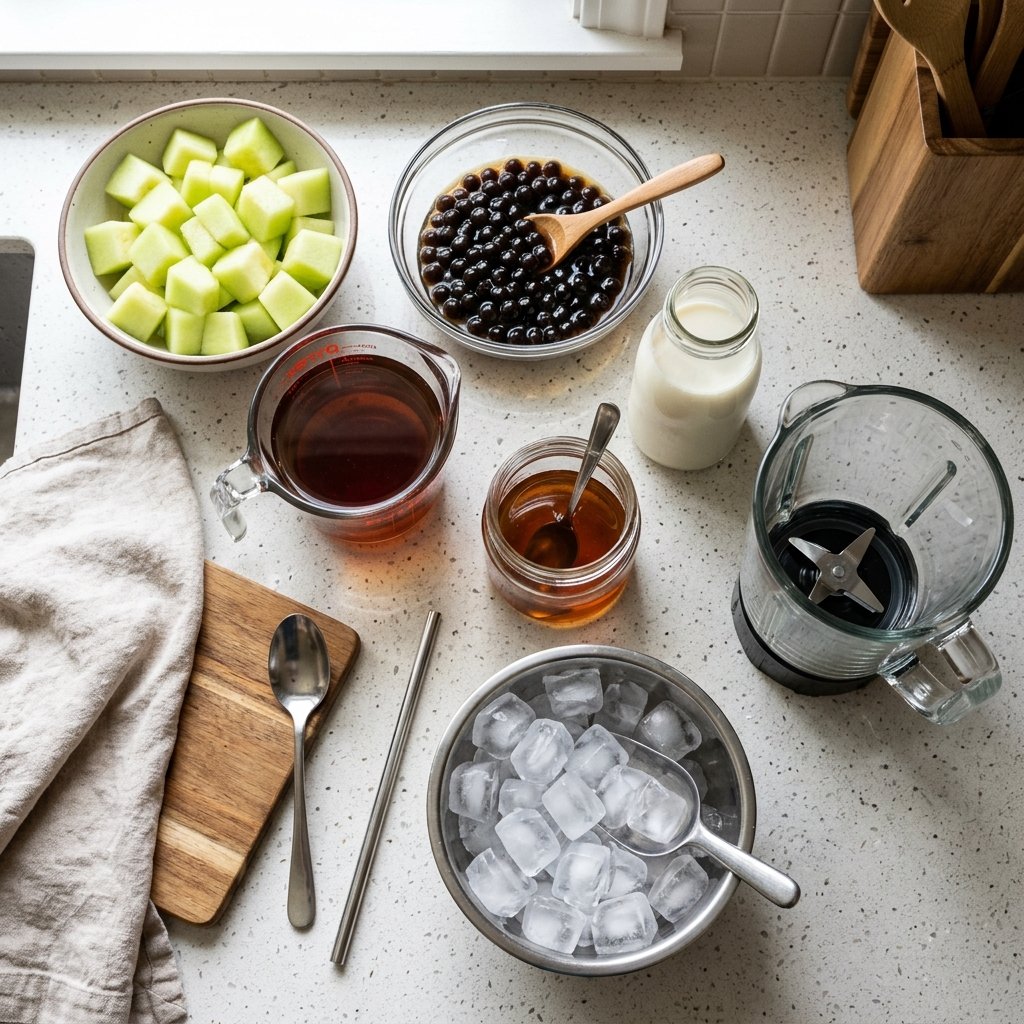 Ingredients for homemade honeydew milk tea including fresh melon, milk, green tea, and boba.