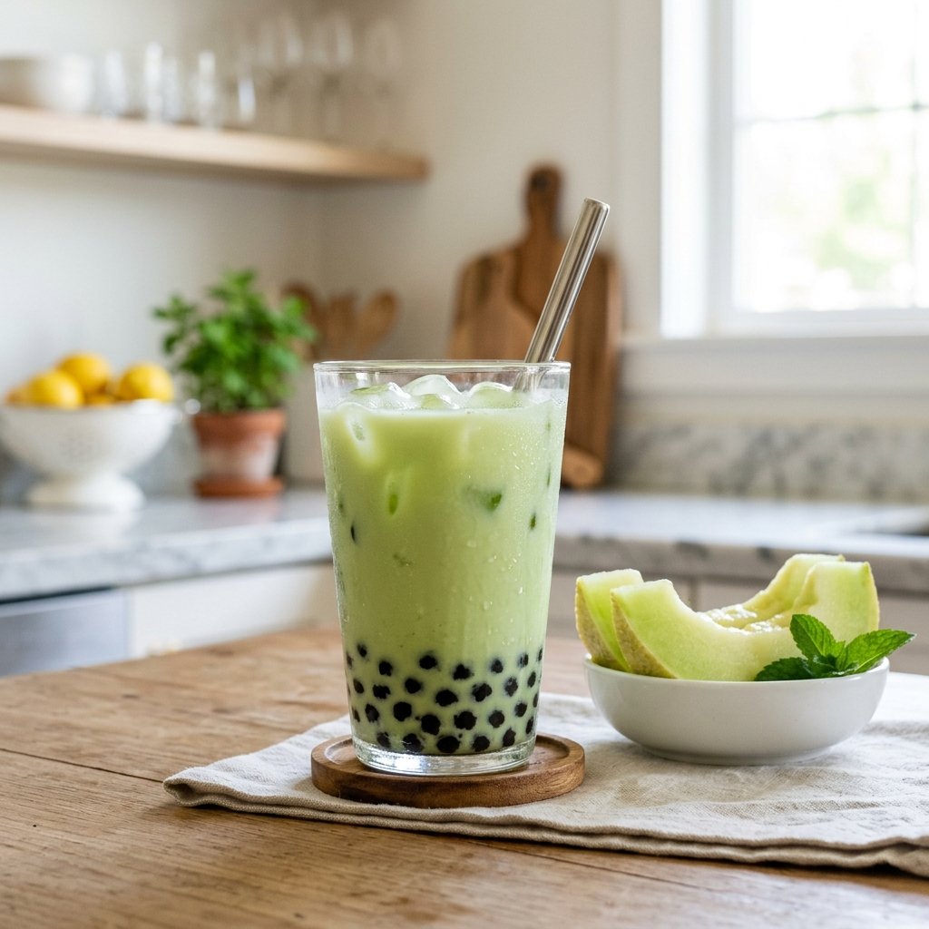 Honeydew milk tea with boba pearls in a clear glass