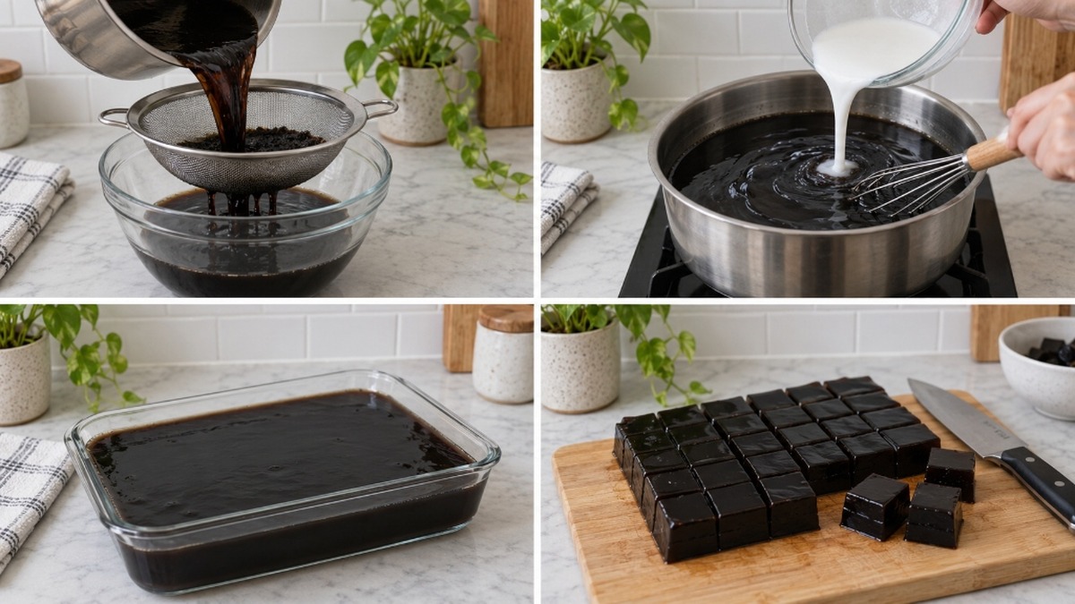 Four steps showing grass jelly extraction, thickening, setting and cutting.