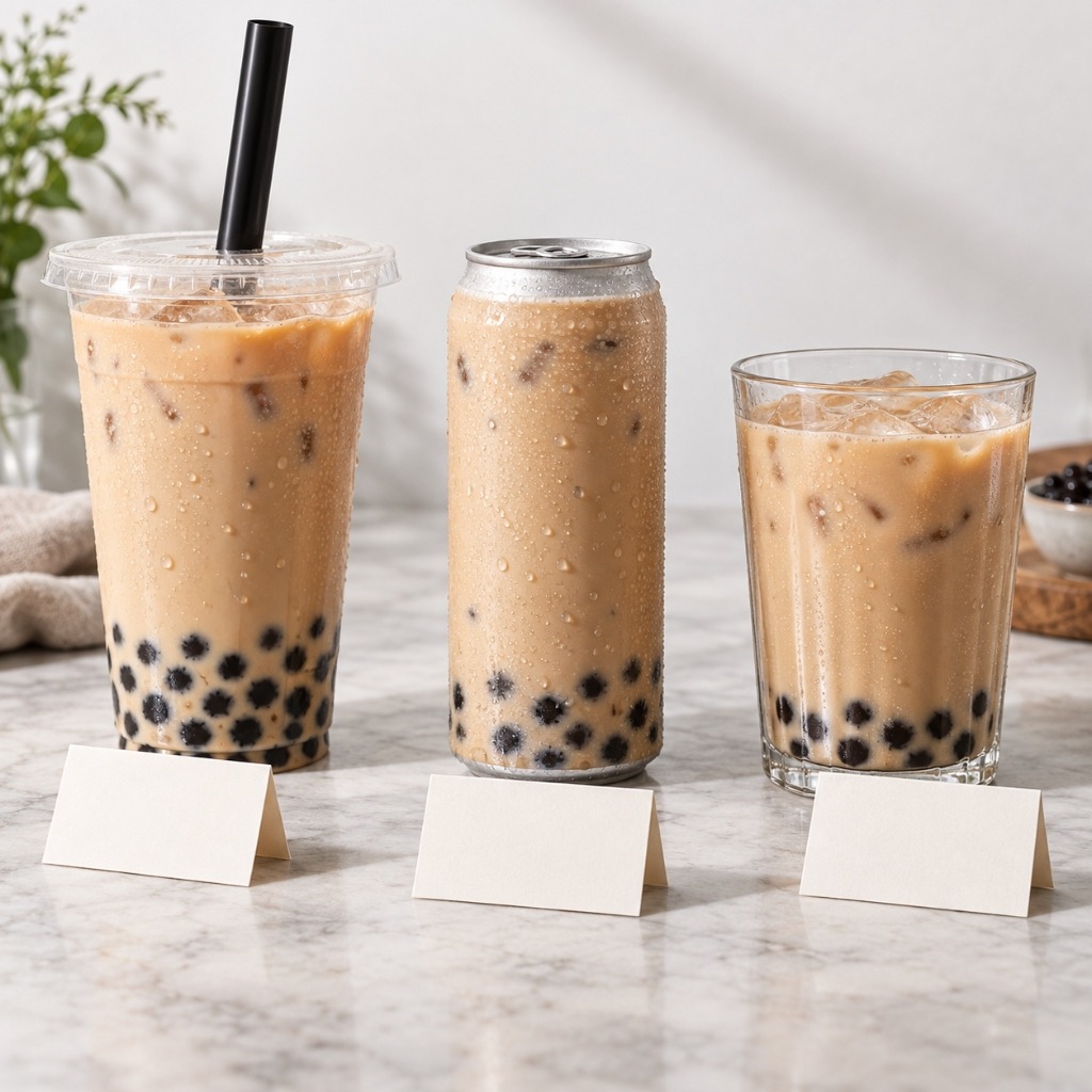 Ready-to-drink bubble tea can, cafe cup, and homemade ingredients on a counter