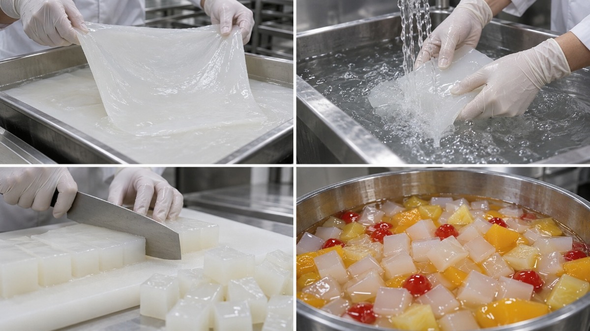 Nata de coco production from cellulose sheet to syrup-soaked cubes.