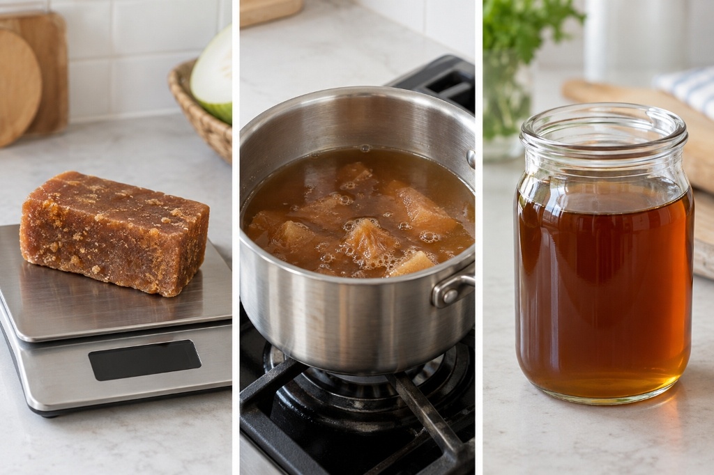 Winter melon tea brick dissolving into amber syrup in a saucepan