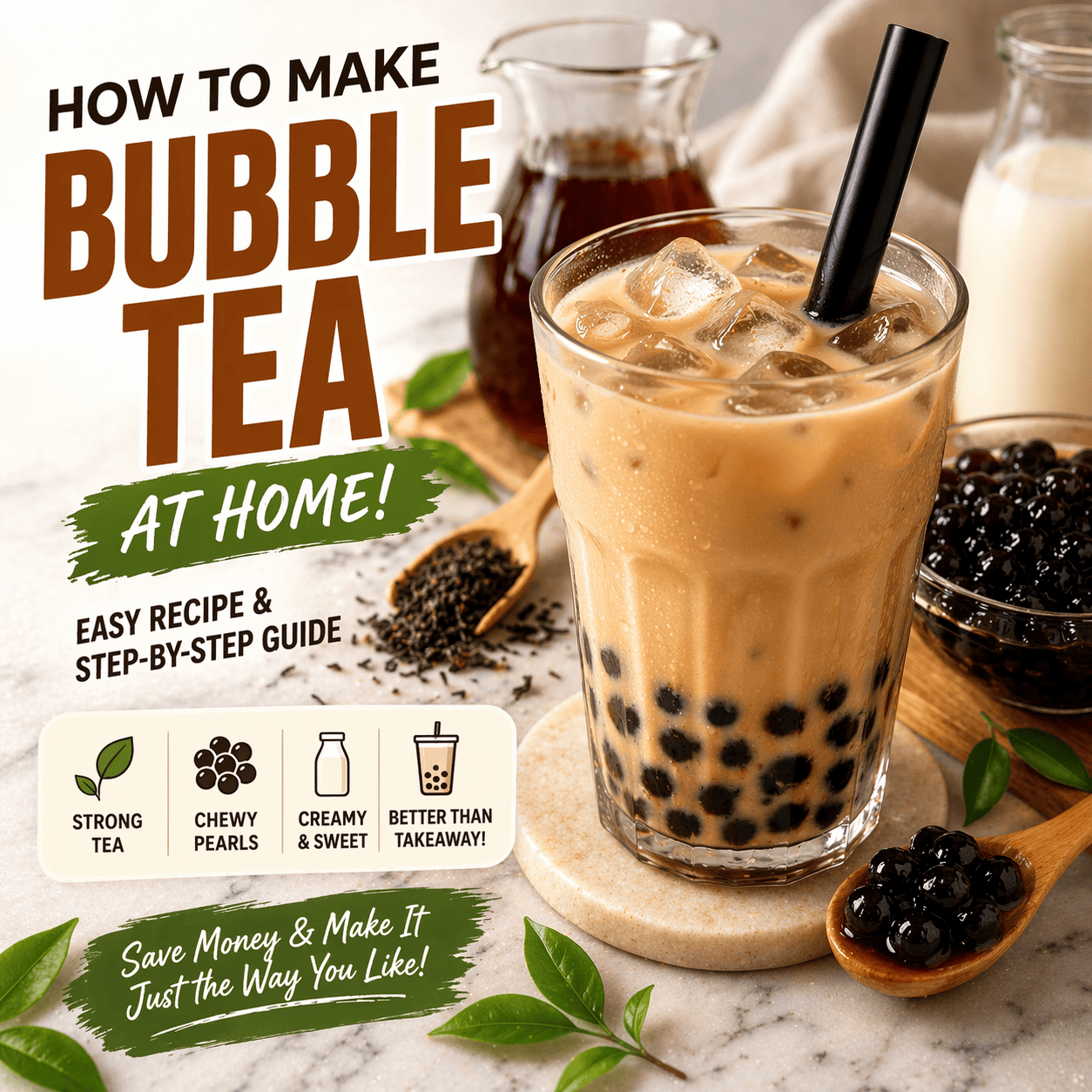 Square featured image for a homemade bubble tea recipe with creamy milk tea, chewy tapioca pearls, tea ingredients, and bold text reading “How to Make Bubble Tea at Home.