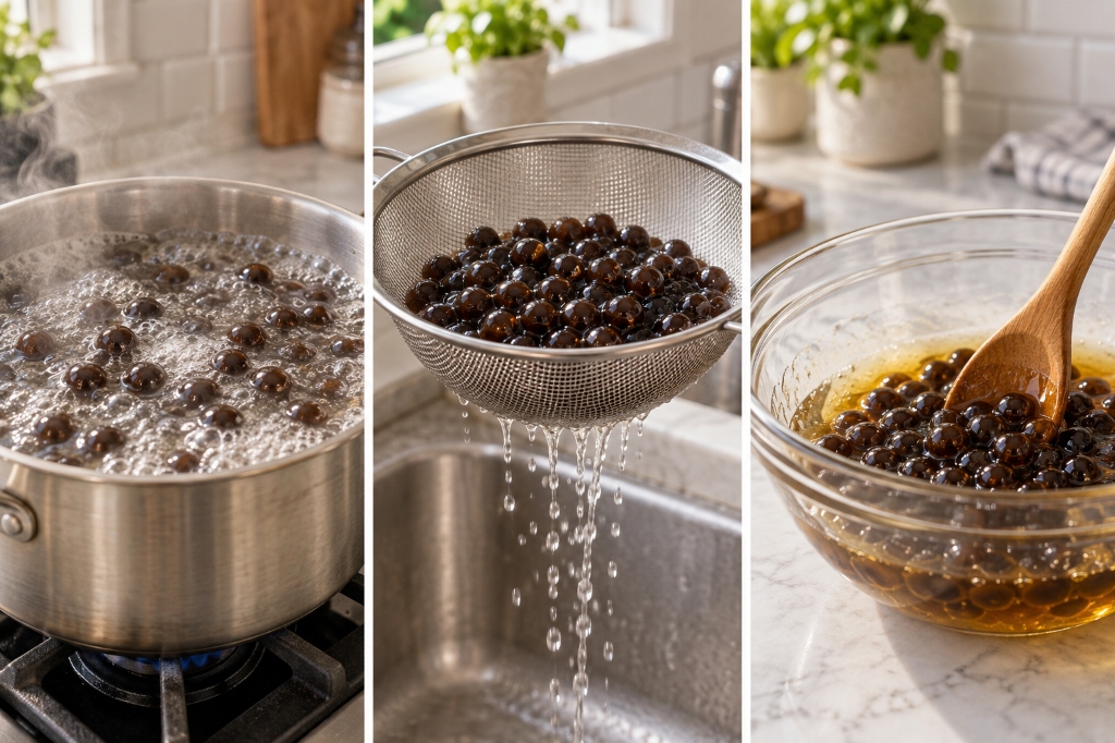 Tapioca pearls boiling, draining and soaking in honey syrup