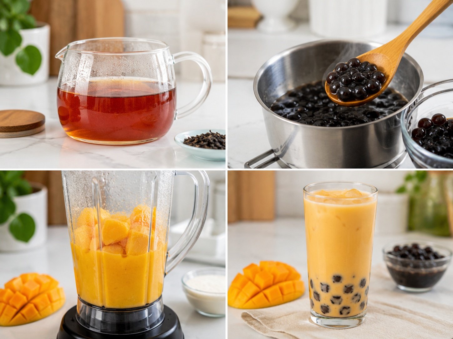 Step-by-step photos of brewing tea, cooking pearls, blending mango, and finished drink