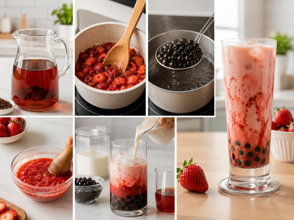 Barista preparing strawberry milk tea showing step by step recipe methods