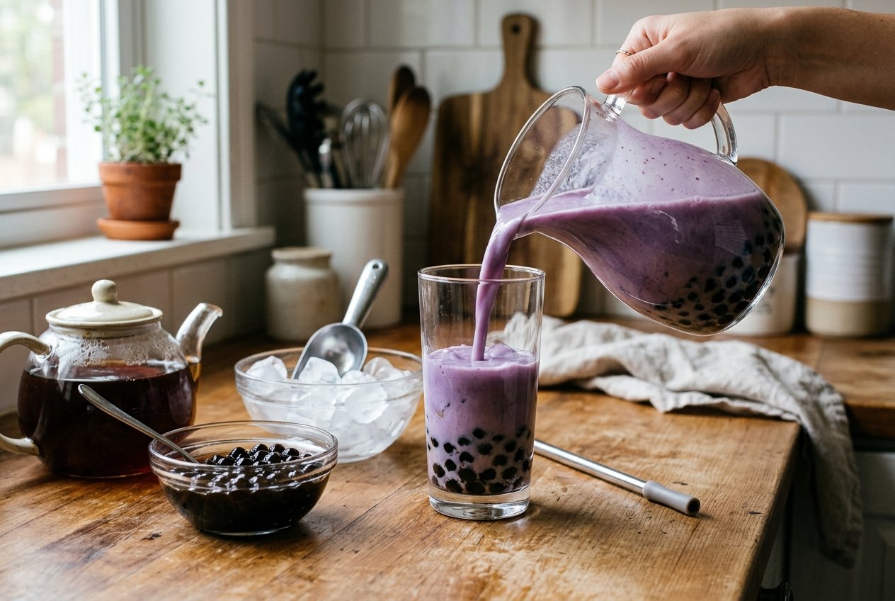 Making taro milk tea with tea milk and taro