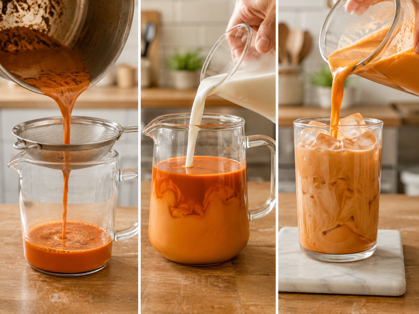 Making Thai milk tea by straining tea and adding milk