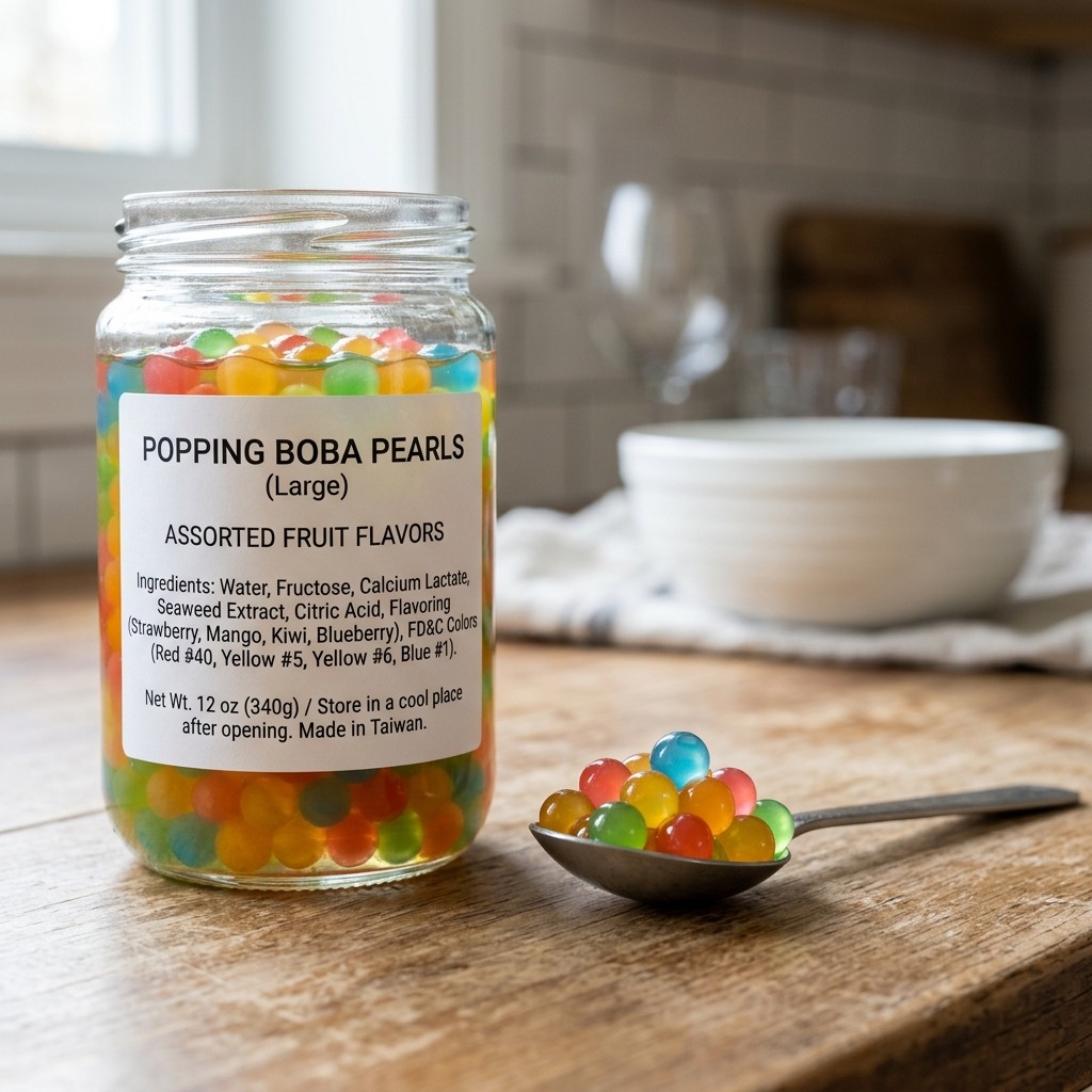 Close-up of a a popping boba ingredient label with colorful pearls