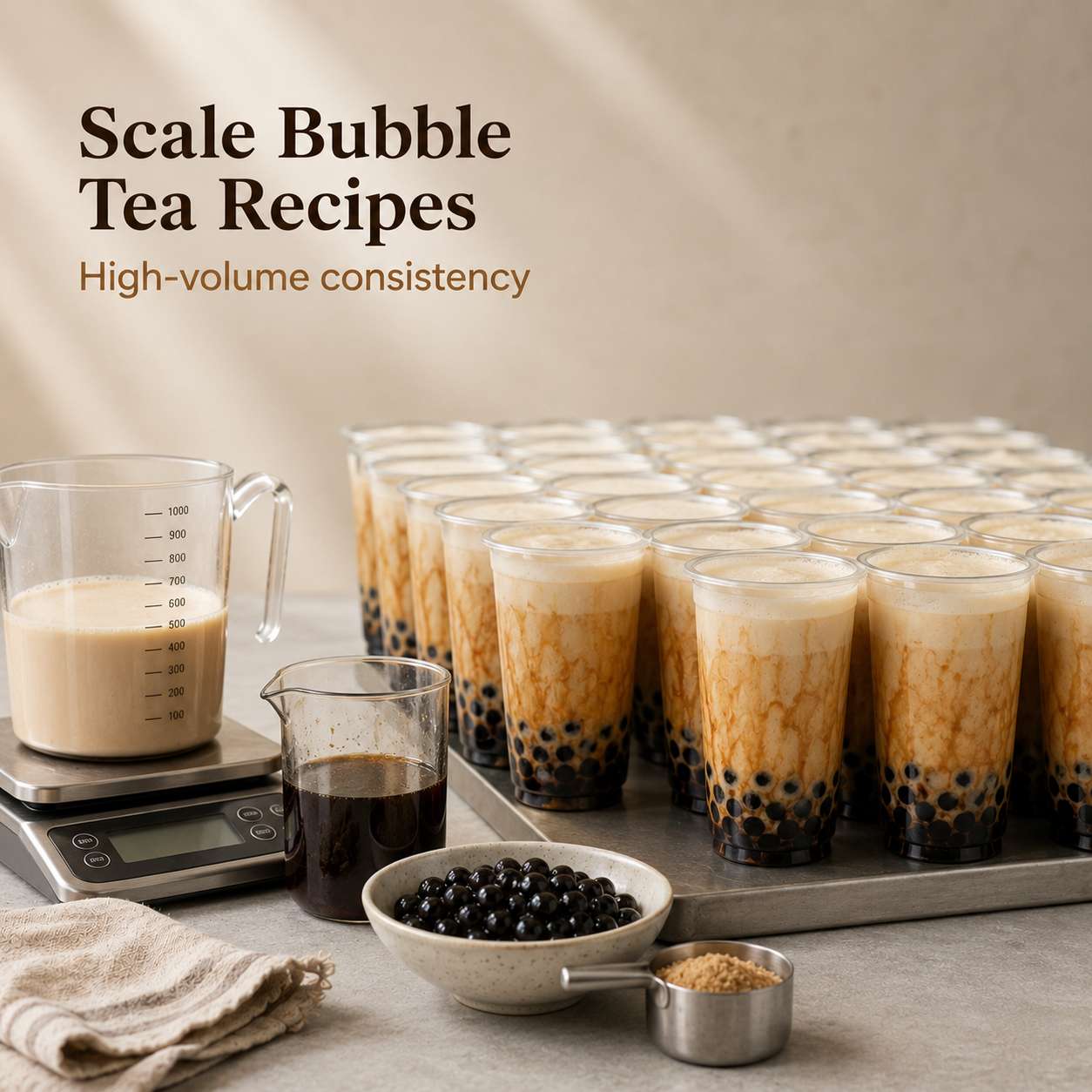 Scale bubble tea recipes for cafe consistency using batch prep and recipe cards