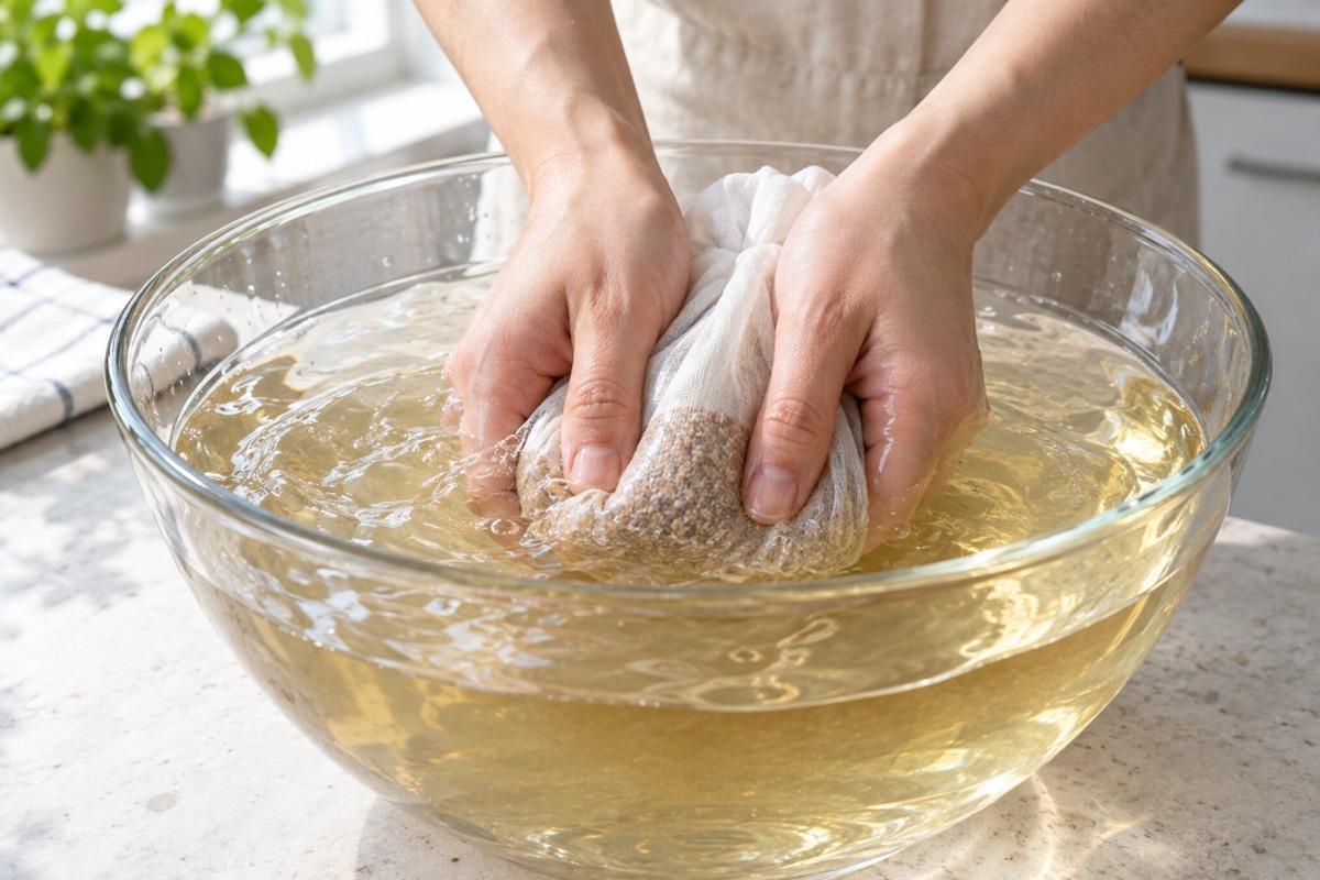 Aiyu seeds in a cotton bag being washed in a bowl of water
