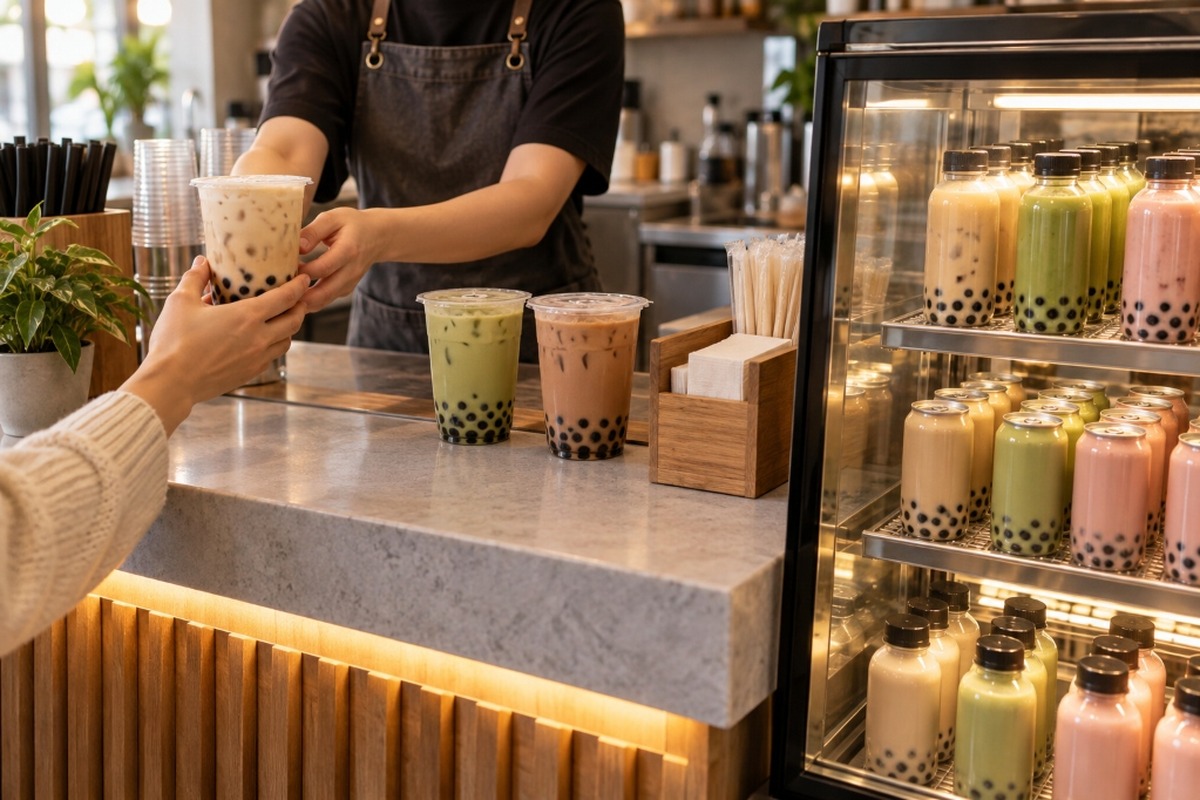 Fresh bubble tea counter with an RTD can display