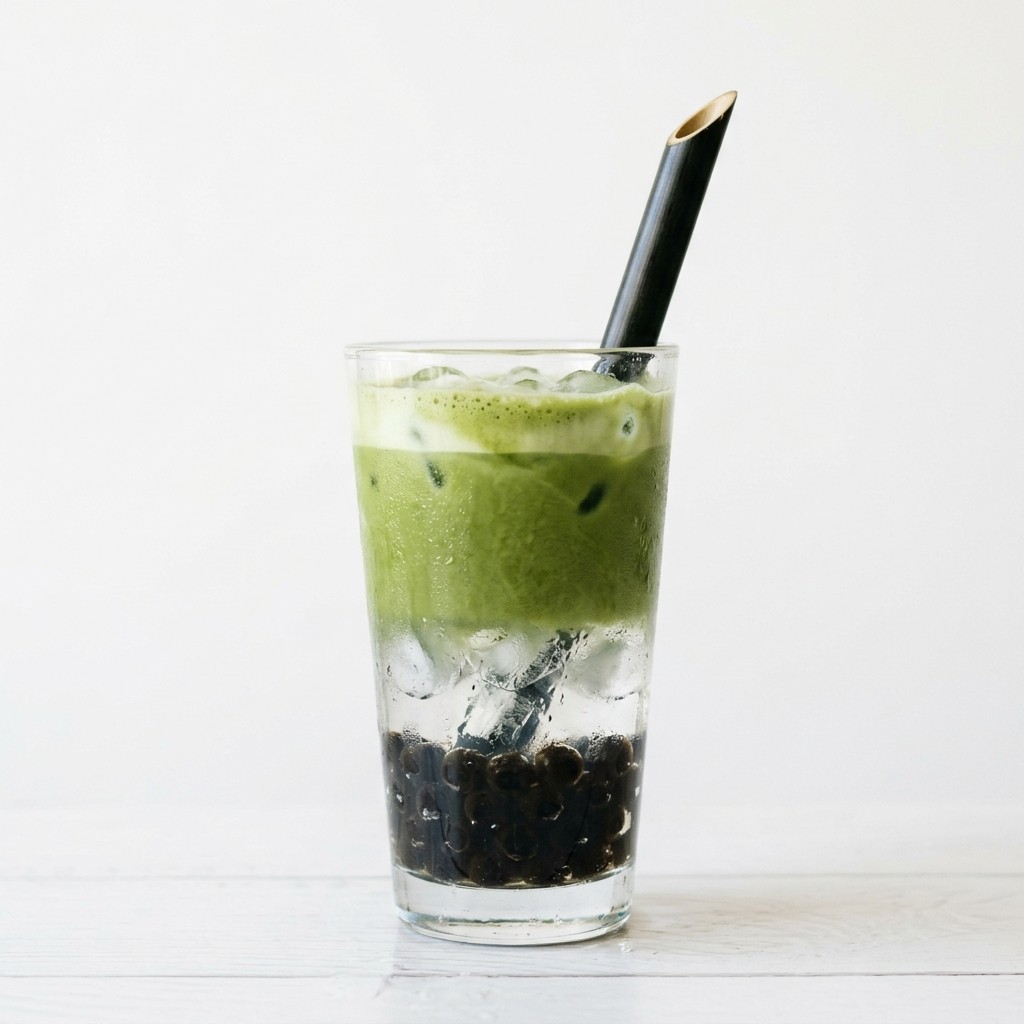 Iced matcha milk tea with black tapioca pearls in a clear glass