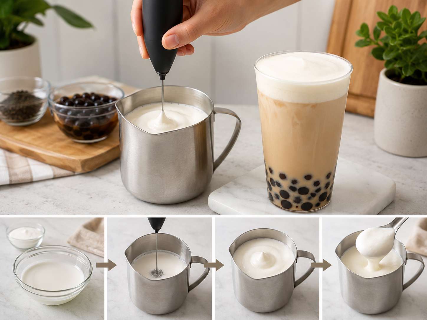 Hand using a milk frother to create cheese cream foam for bubble tea