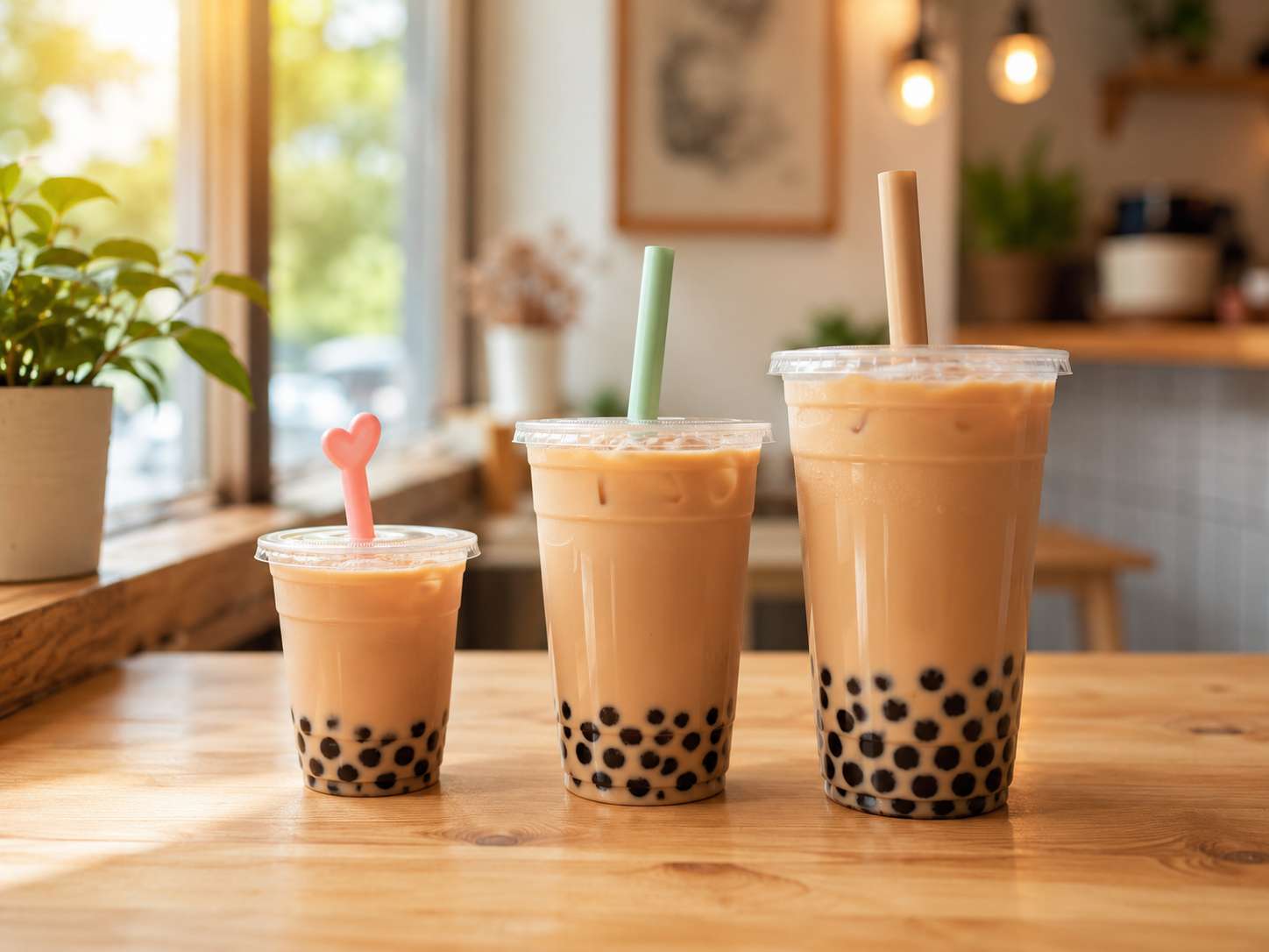 Three bubble tea cups in small medium and large sizes on a cafe counter