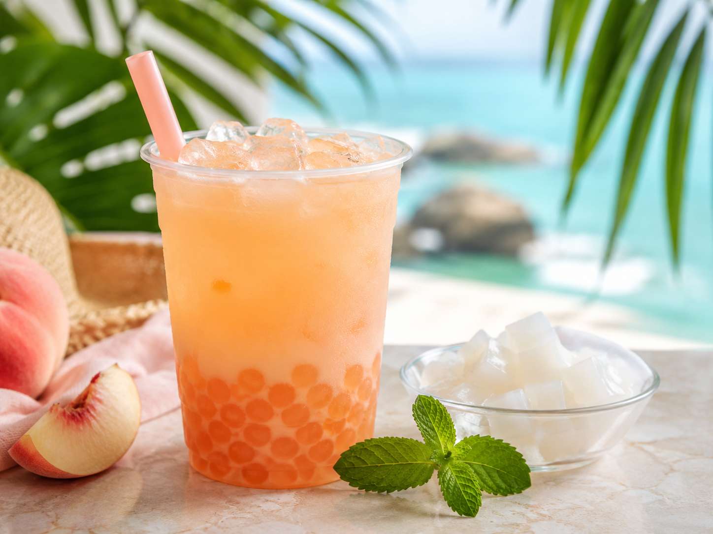 Peach fruit tea with crystal boba pearls beside coconut jelly cubes and fresh mint