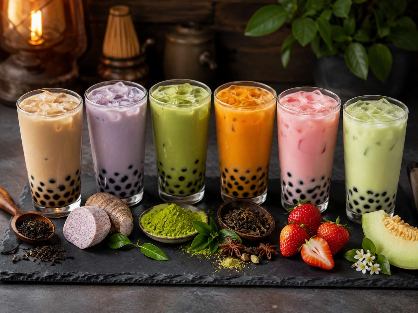 Comparing different bubble tea colors and ingredients