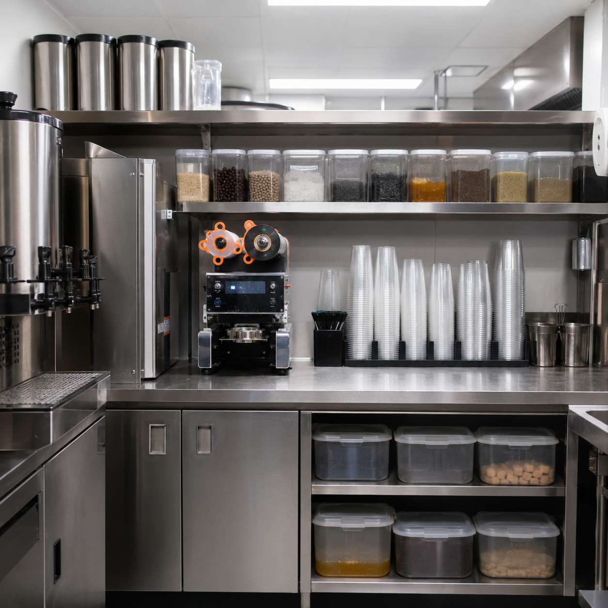 Professional bubble tea cafe kitchen with commercial equipment and stacked cups