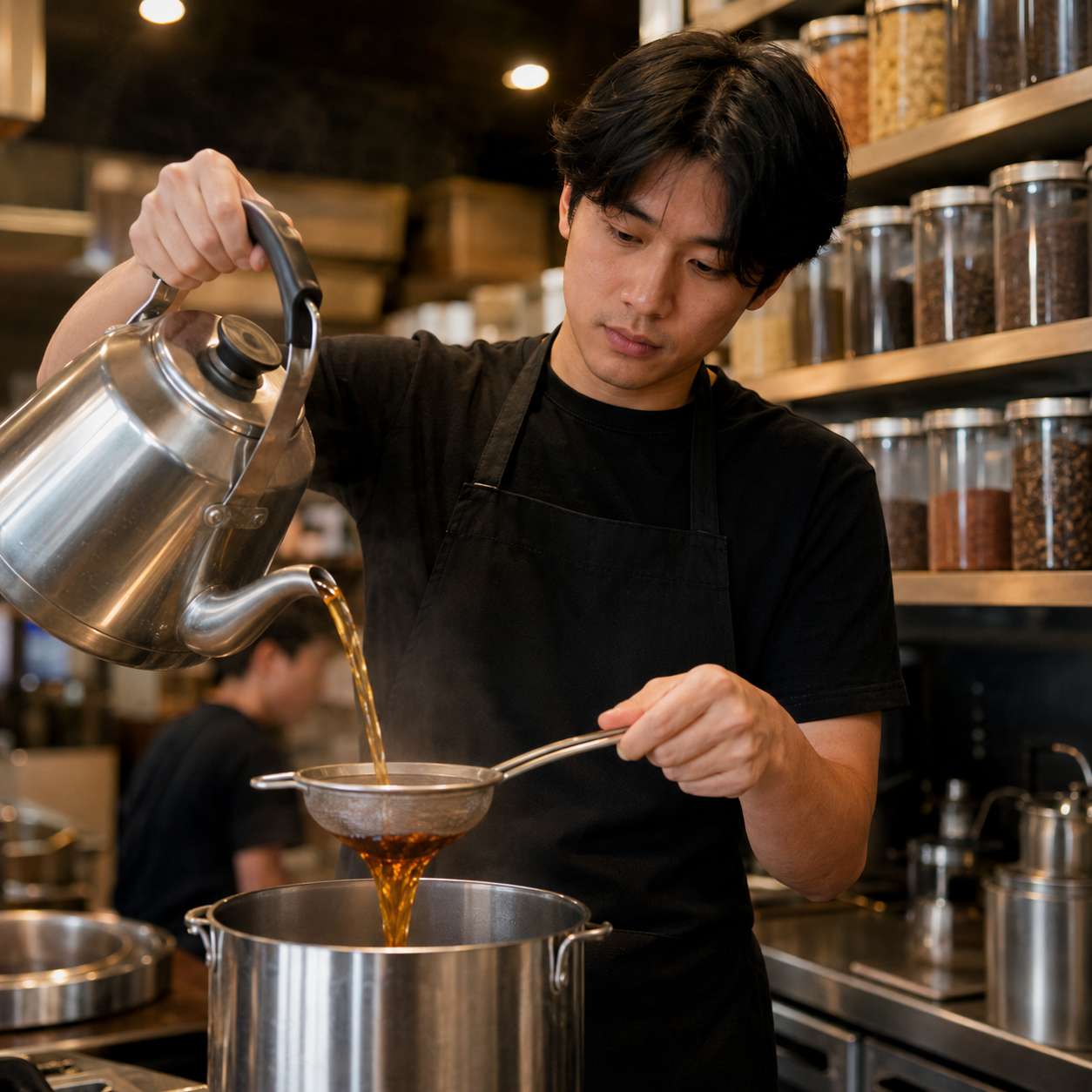 Barista pouring freshly brewed tea through a strainer in a cafe kitchen