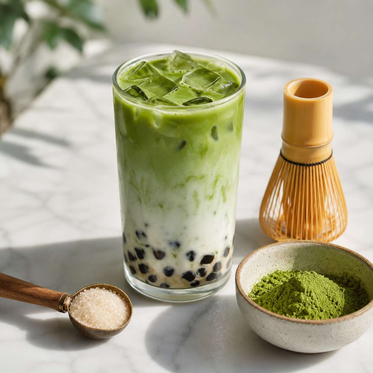 Iced matcha milk tea with bamboo whisk matcha powder and a measuring spoon of sugar