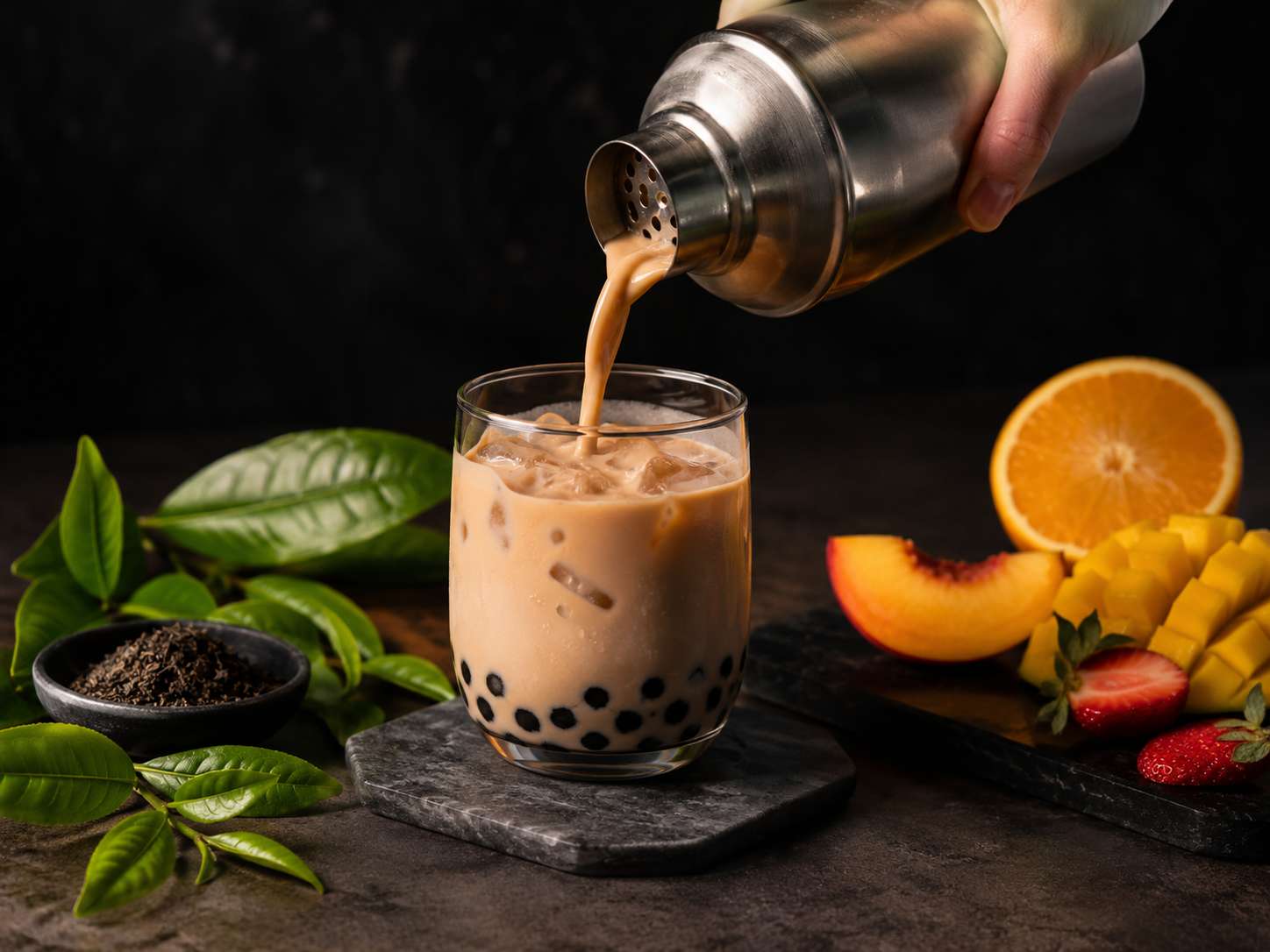 Premium bubble tea being poured from a stainless steel shaker into a clear glass