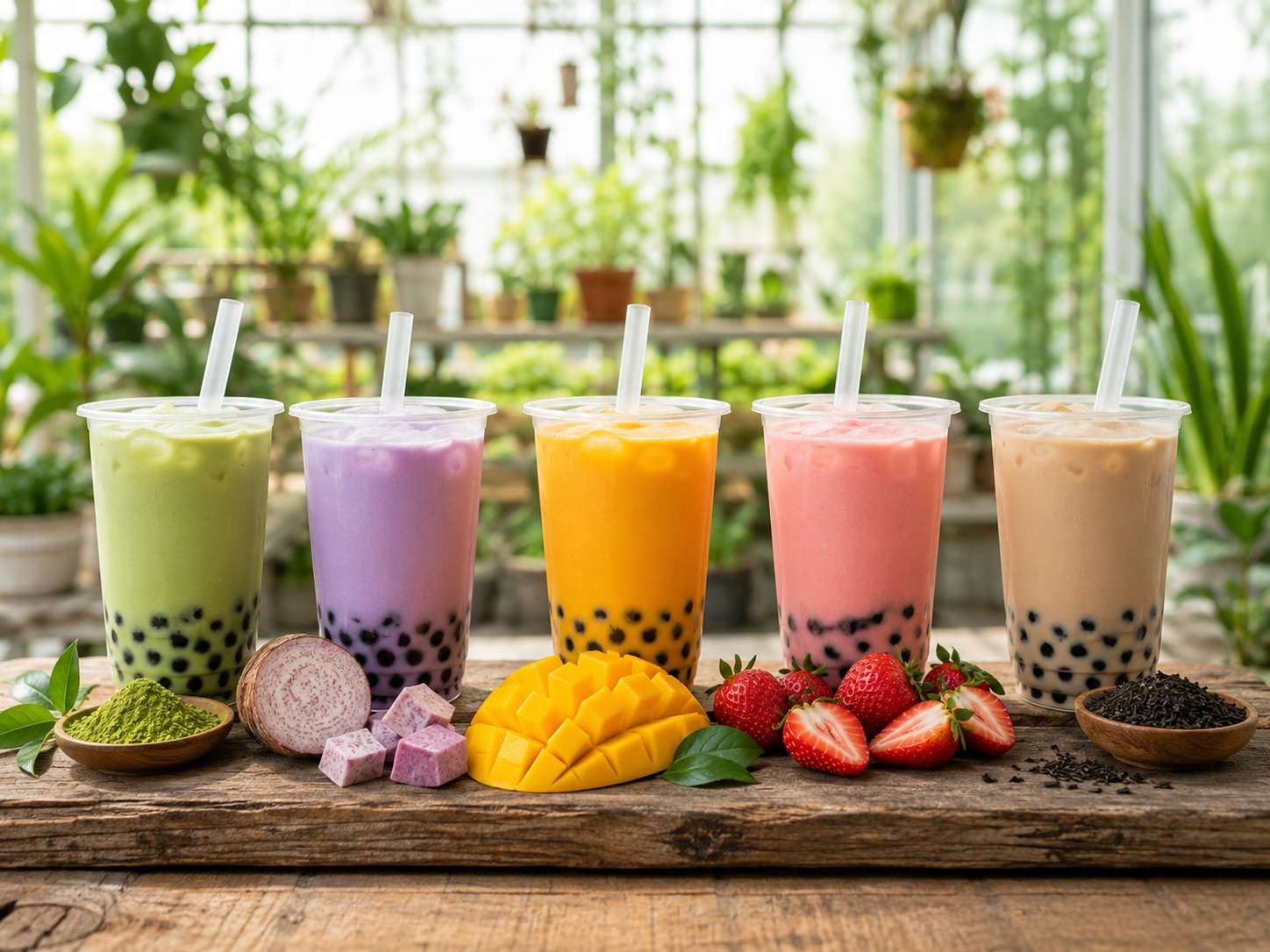 Five organic bubble tea cups in a row with fresh ingredients in front of each