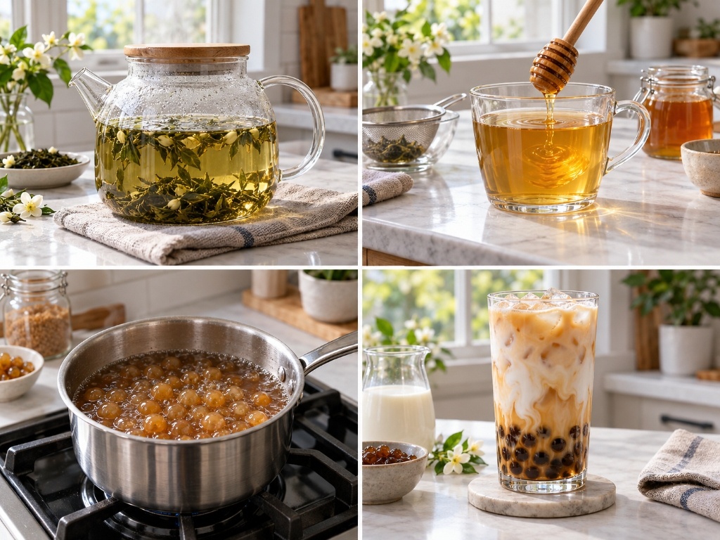 Four-panel culinary recipe guide showing step 1 tea infusion, step 2 honey sweetening, step 3 boba cooking, and step 4 layered milk tea assembly