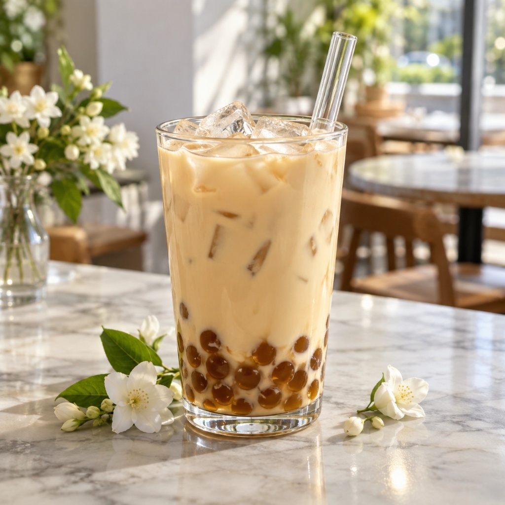 Square jasmine green milk tea with tapioca pearls thumbnail