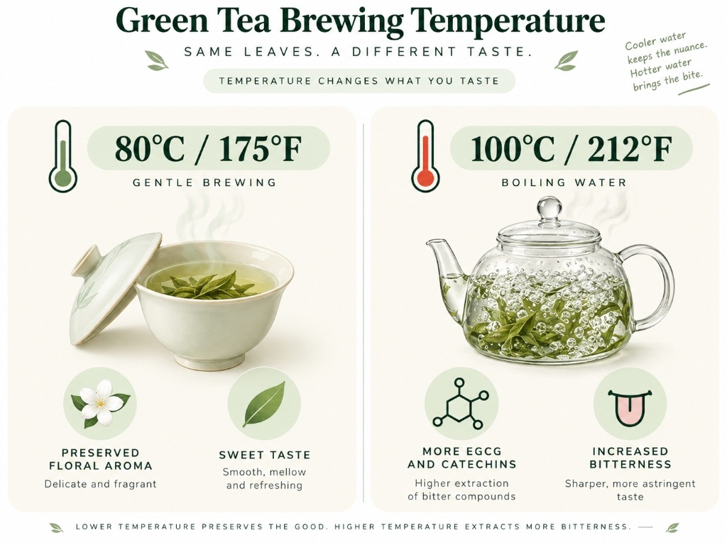 Jasmine green tea brewing temperature comparison guide: 80C gentle brewing vs 100C boiling water