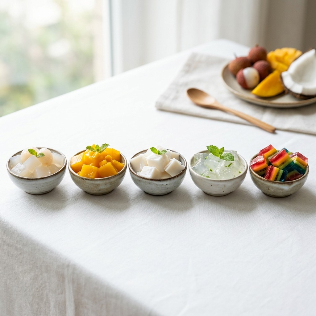 Different homemade jelly boba flavors in small bowls