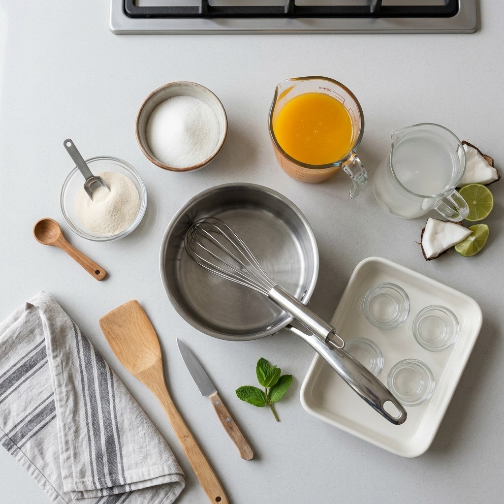 Ingredients and tools for making jelly boba at home