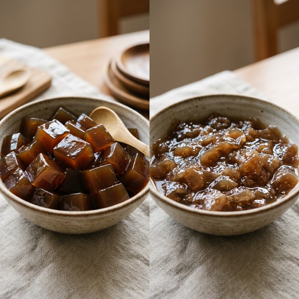 Properly set jelly boba compared with overly soft jelly