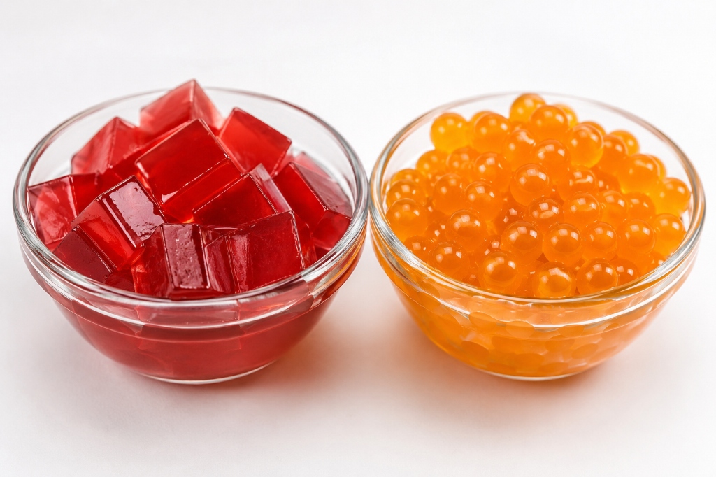 Jelly boba cubes beside round popping boba pearls