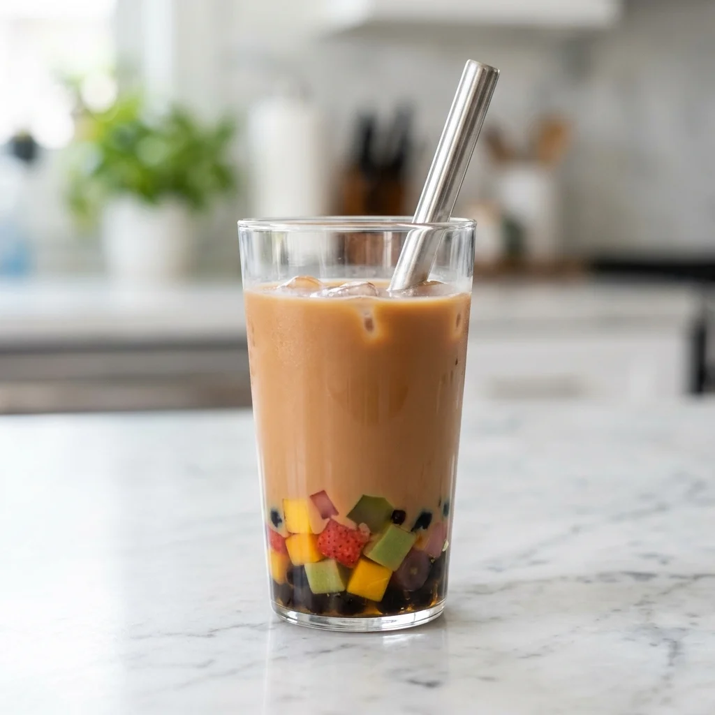 Four types of jelly boba toppings including fruit jelly, nata de coco, grass jelly, and aloe vera in clear bowls