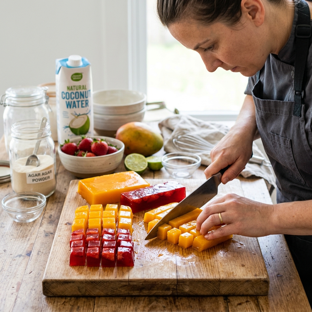 Cutting colorful fruit jelly boba cubes on a wooden board