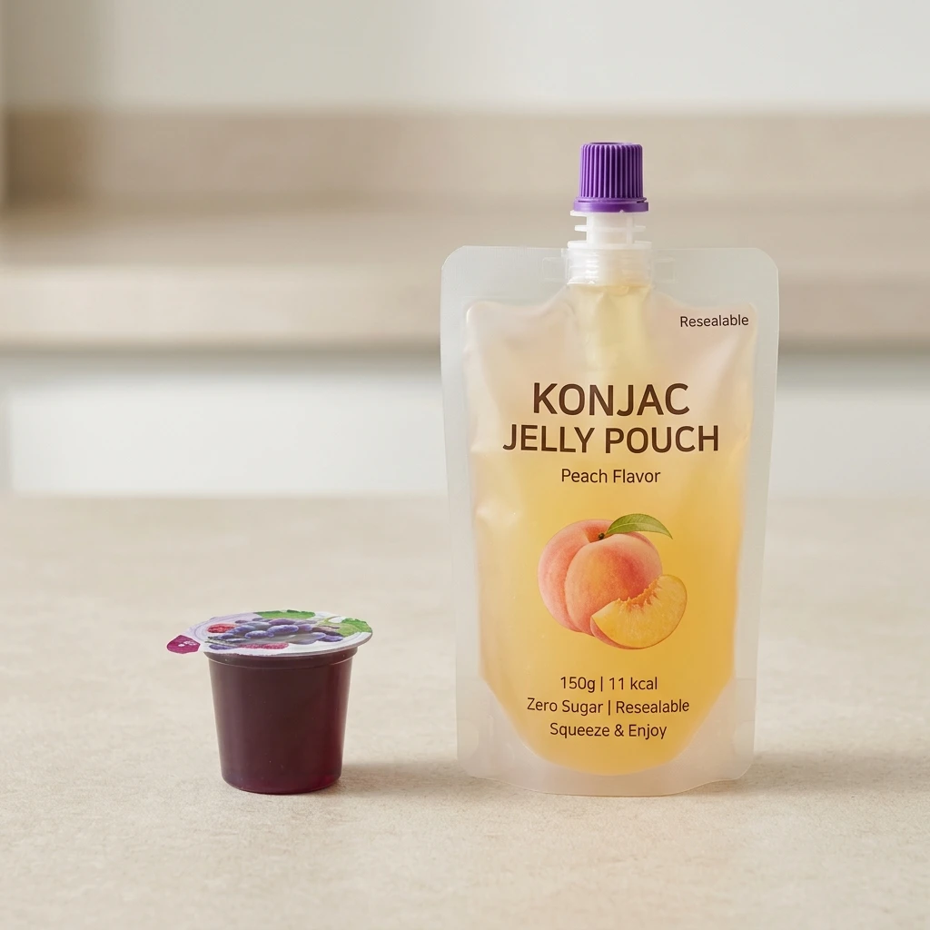 Mini jelly cup compared with a larger drinkable konjac jelly pouch