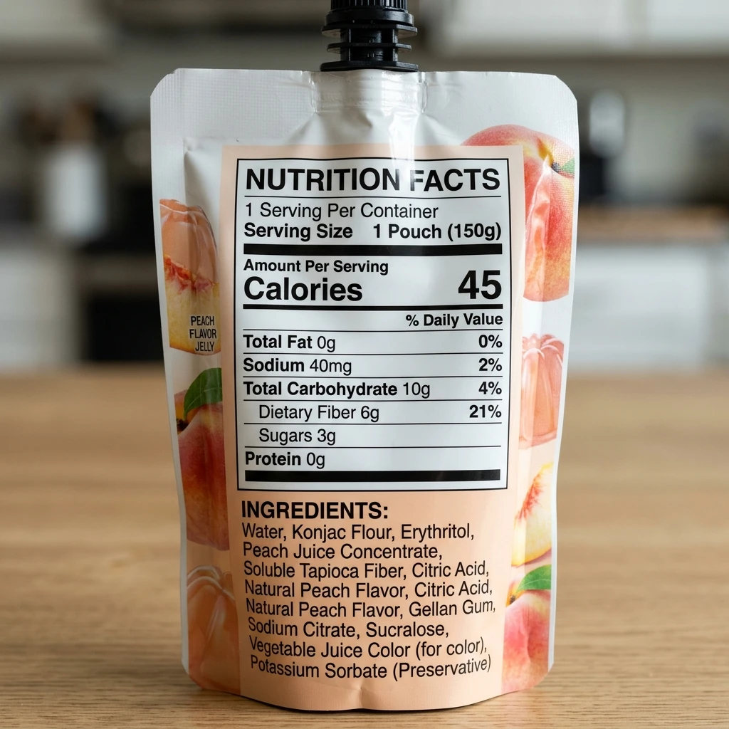 Nutrition facts label on a drinkable konjac jelly pouch